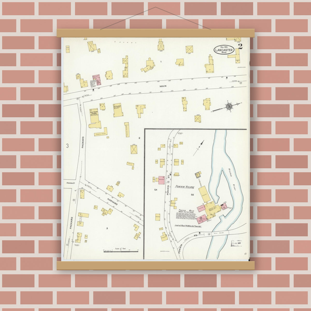 Old map wall art mockup — magnetic wood frame on brick wall — Sanborn Fire Insurance Map from Lancaster, Worcester County, Massachusetts (1910), Sheet #0002
