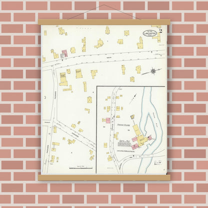 Old map wall art mockup — magnetic wood frame on brick wall — Sanborn Fire Insurance Map from Lancaster, Worcester County, Massachusetts (1910), Sheet #0002