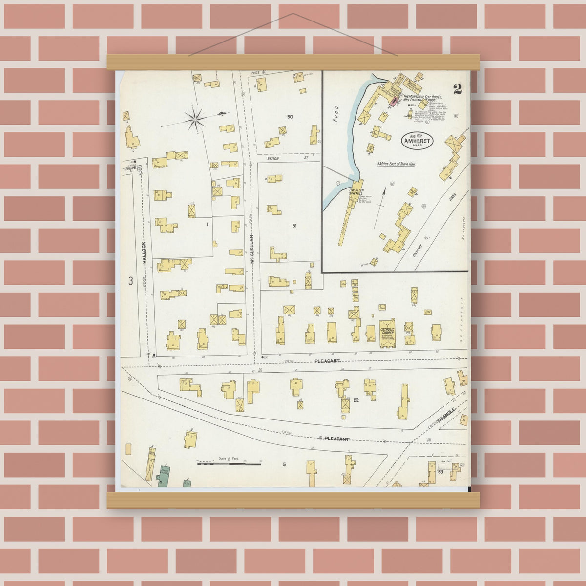 Old map wall art mockup — magnetic wood frame on brick wall — Sanborn Fire Insurance Map from Amherst, Hampshire County, Massachusetts (1902), Sheet #0002