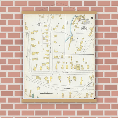 Old map wall art mockup — magnetic wood frame on brick wall — Sanborn Fire Insurance Map from Amherst, Hampshire County, Massachusetts (1902), Sheet #0002