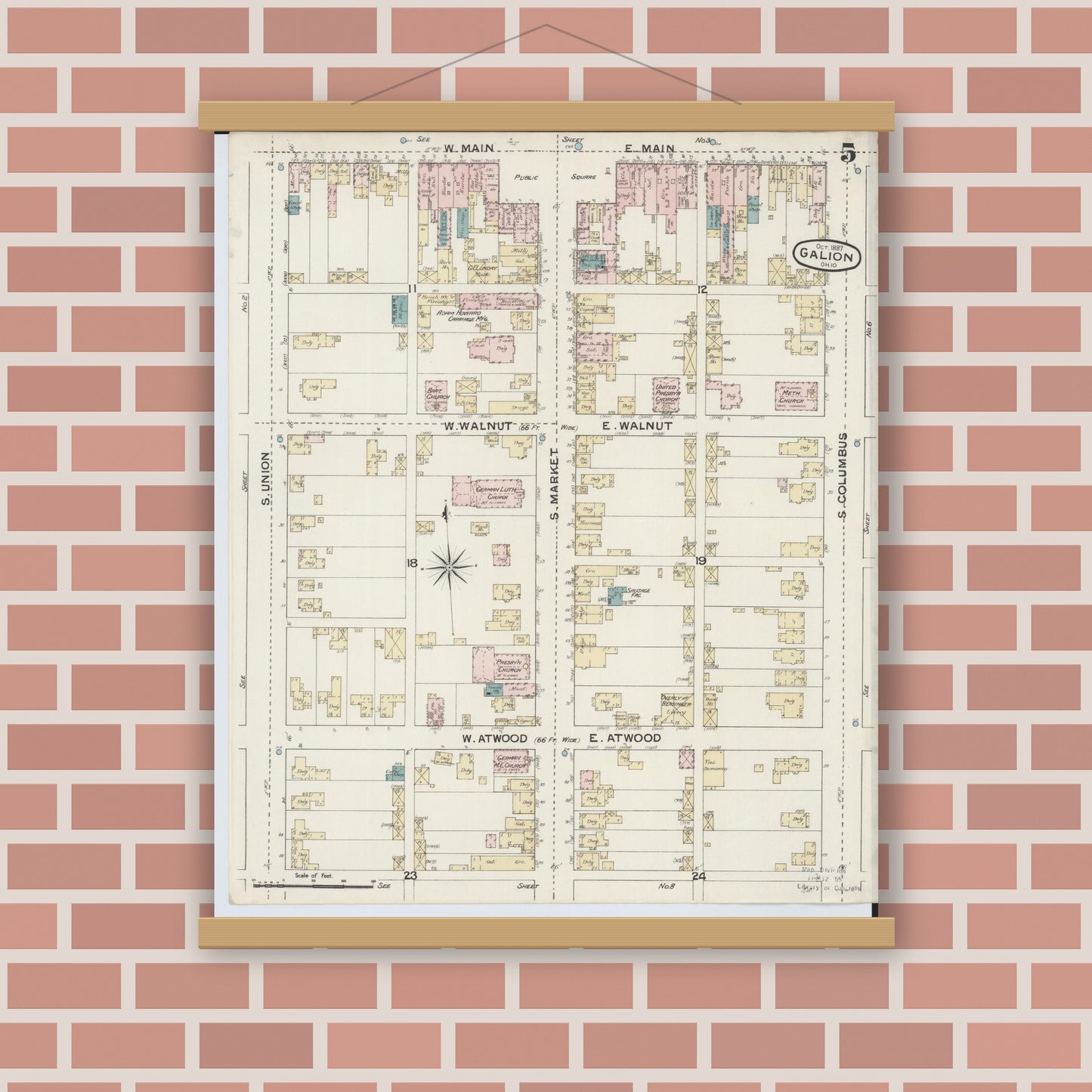 Old map wall art mockup — magnetic wood frame on brick wall — Sanborn Fire Insurance Map from Galion, Crawford County, Ohio (1887), Sheet #0005