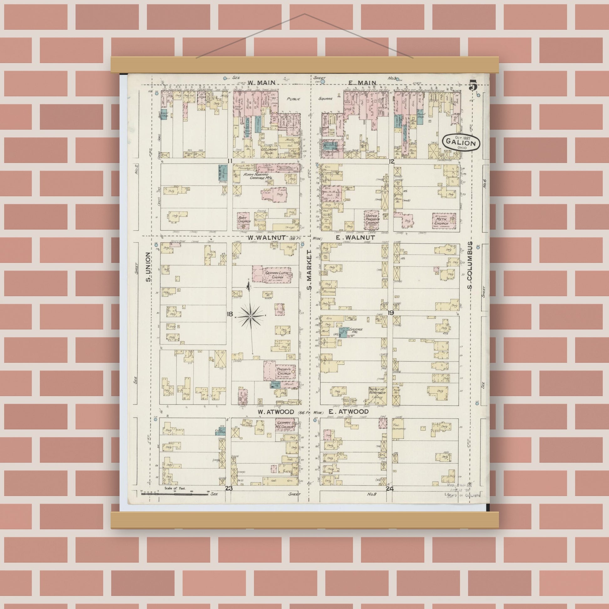 Old map wall art mockup — magnetic wood frame on brick wall — Sanborn Fire Insurance Map from Galion, Crawford County, Ohio (1887), Sheet #0005
