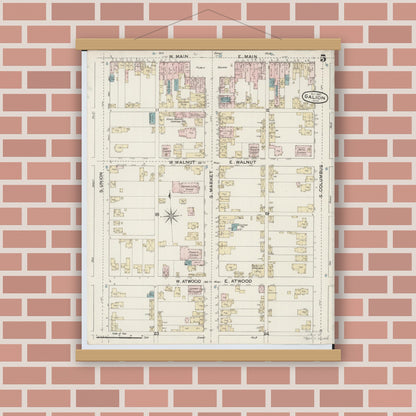 Old map wall art mockup — magnetic wood frame on brick wall — Sanborn Fire Insurance Map from Galion, Crawford County, Ohio (1887), Sheet #0005