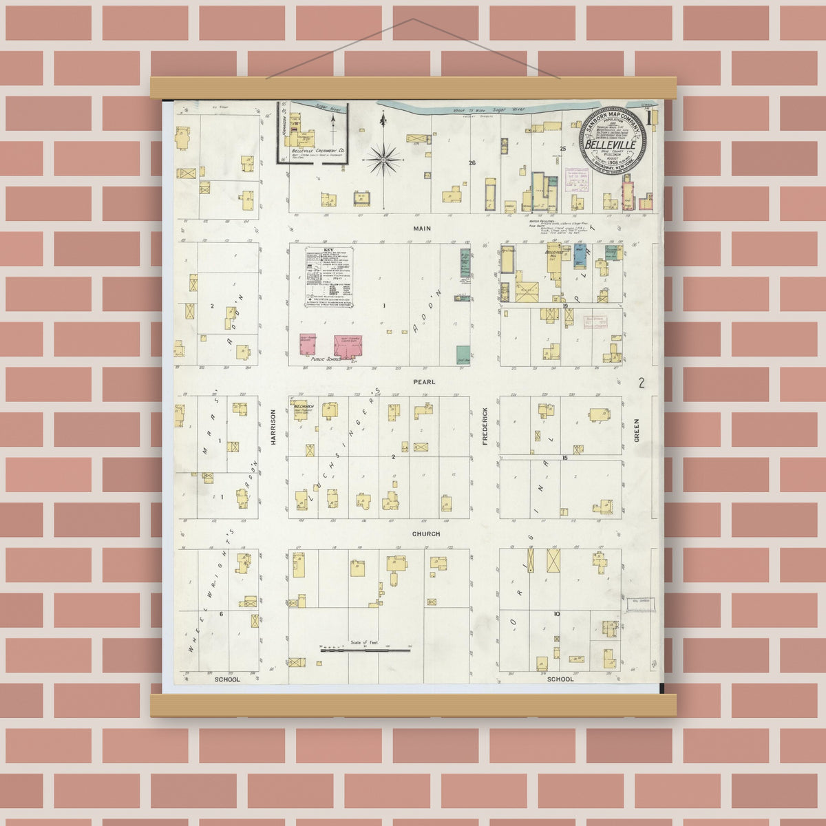 Old map wall art mockup — magnetic wood frame on brick wall — Sanborn Fire Insurance Map from Belleville, Dane County, Wisconsin (1908), Sheet #0001