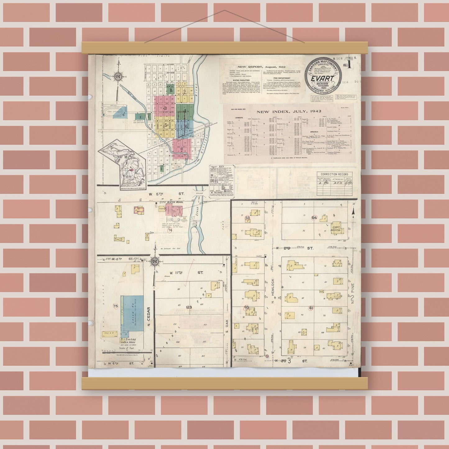 Old map wall art mockup — magnetic wood frame on brick wall — Sanborn Fire Insurance Map from Evart, Osceola County, Michigan (1942), Sheet #0001