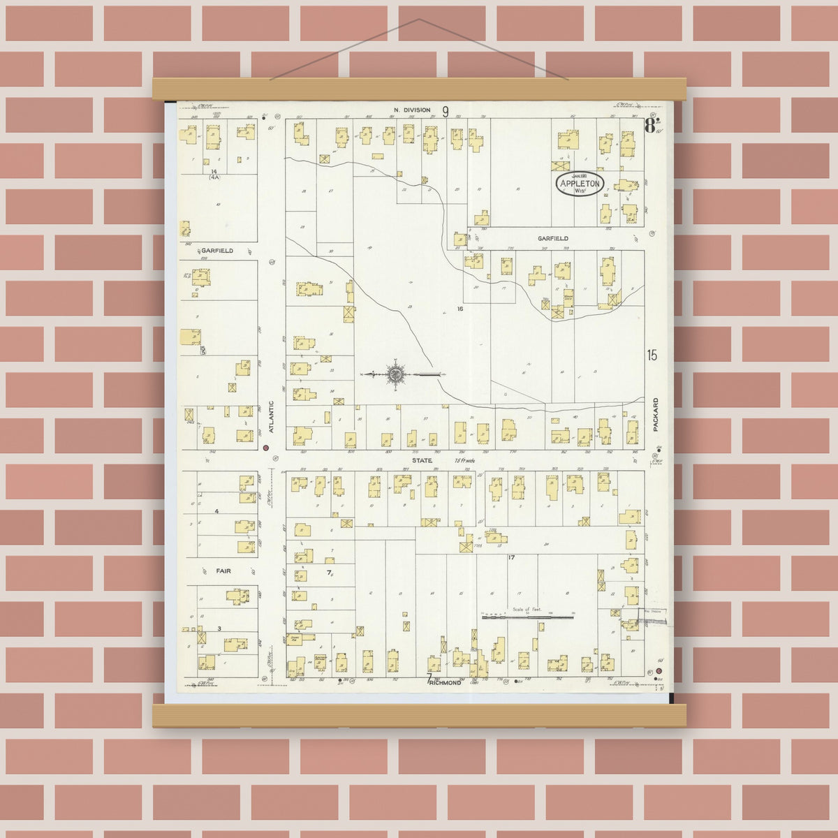 Old map wall art mockup — magnetic wood frame on brick wall — Sanborn Fire Insurance Map from Appleton, Outagamie County, Wisconsin (1911), Sheet #0008