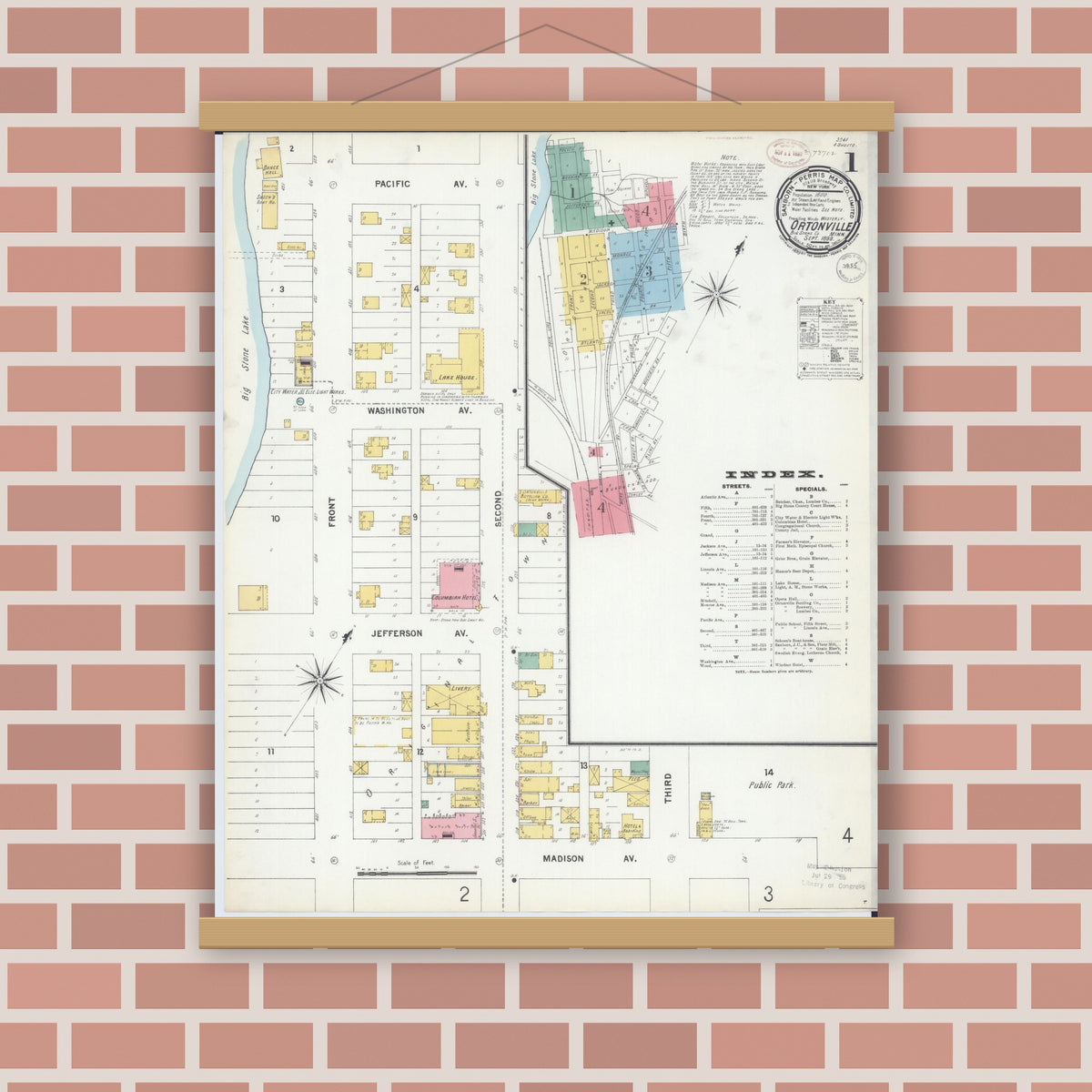Old map wall art mockup — magnetic wood frame on brick wall — Sanborn Fire Insurance Map from Ortonville, Big Stone County, Minnesota (1899) - Complete Map Set