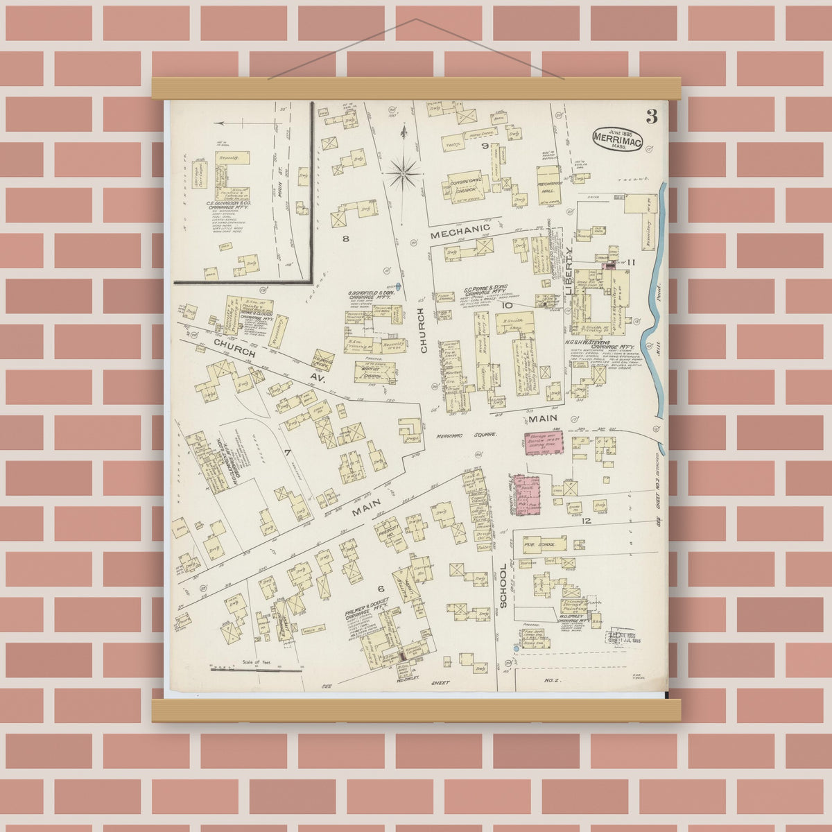 Old map wall art mockup — magnetic wood frame on brick wall — Sanborn Fire Insurance Map from Merrimac, Essex County, Massachusetts (1885), Sheet #0003