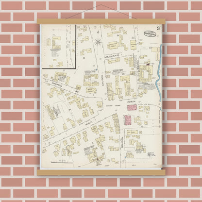 Old map wall art mockup — magnetic wood frame on brick wall — Sanborn Fire Insurance Map from Merrimac, Essex County, Massachusetts (1885), Sheet #0003