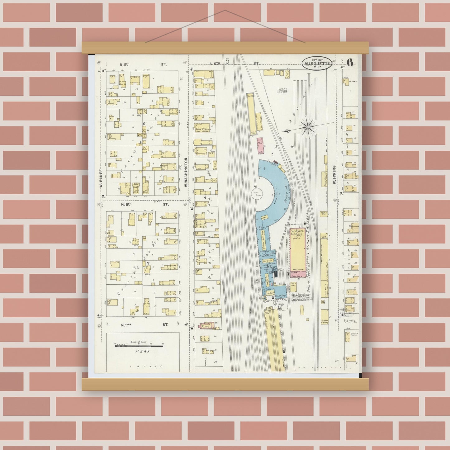 Old map wall art mockup — magnetic wood frame on brick wall — Sanborn Fire Insurance Map from Marquette, Marquette County, Michigan (1897), Sheet #0006
