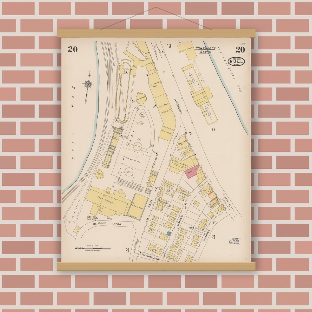 Old map wall art mockup — magnetic wood frame on brick wall — Sanborn Fire Insurance Map from Hull, Plymouth County, Massachusetts (1922), Sheet #0020