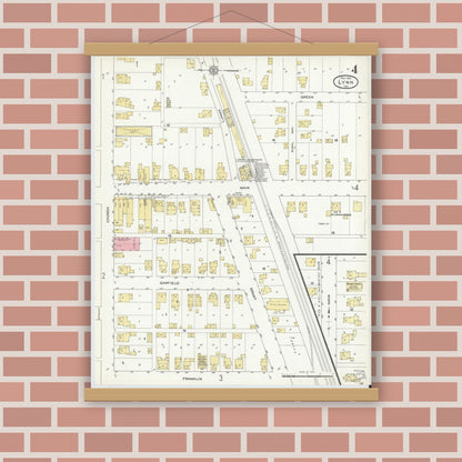 Old map wall art mockup — magnetic wood frame on brick wall — Sanborn Fire Insurance Map from Lynn, Randolph County, Indiana (1912), Sheet #0004