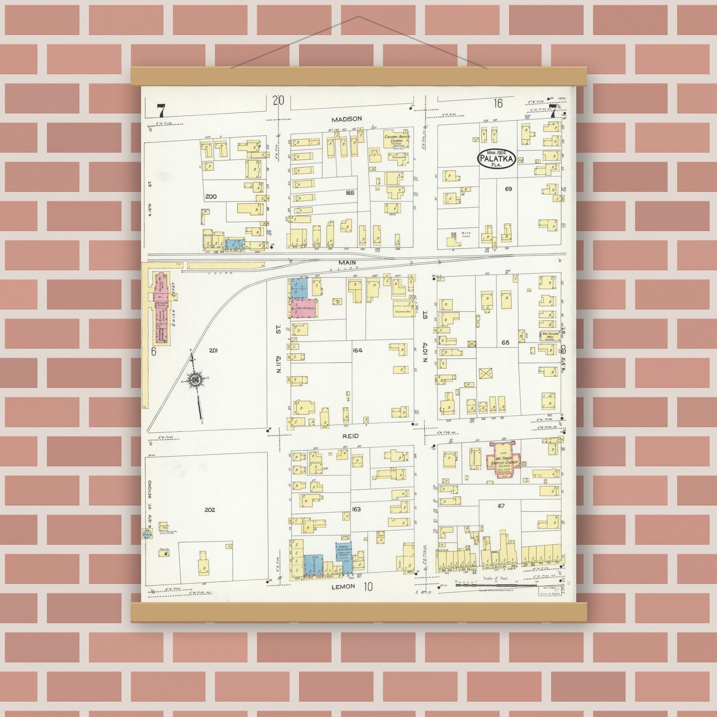 Old map wall art mockup — magnetic wood frame on brick wall — Sanborn Fire Insurance Map from Palatka, Putnam County, Florida (1924), Sheet #0007