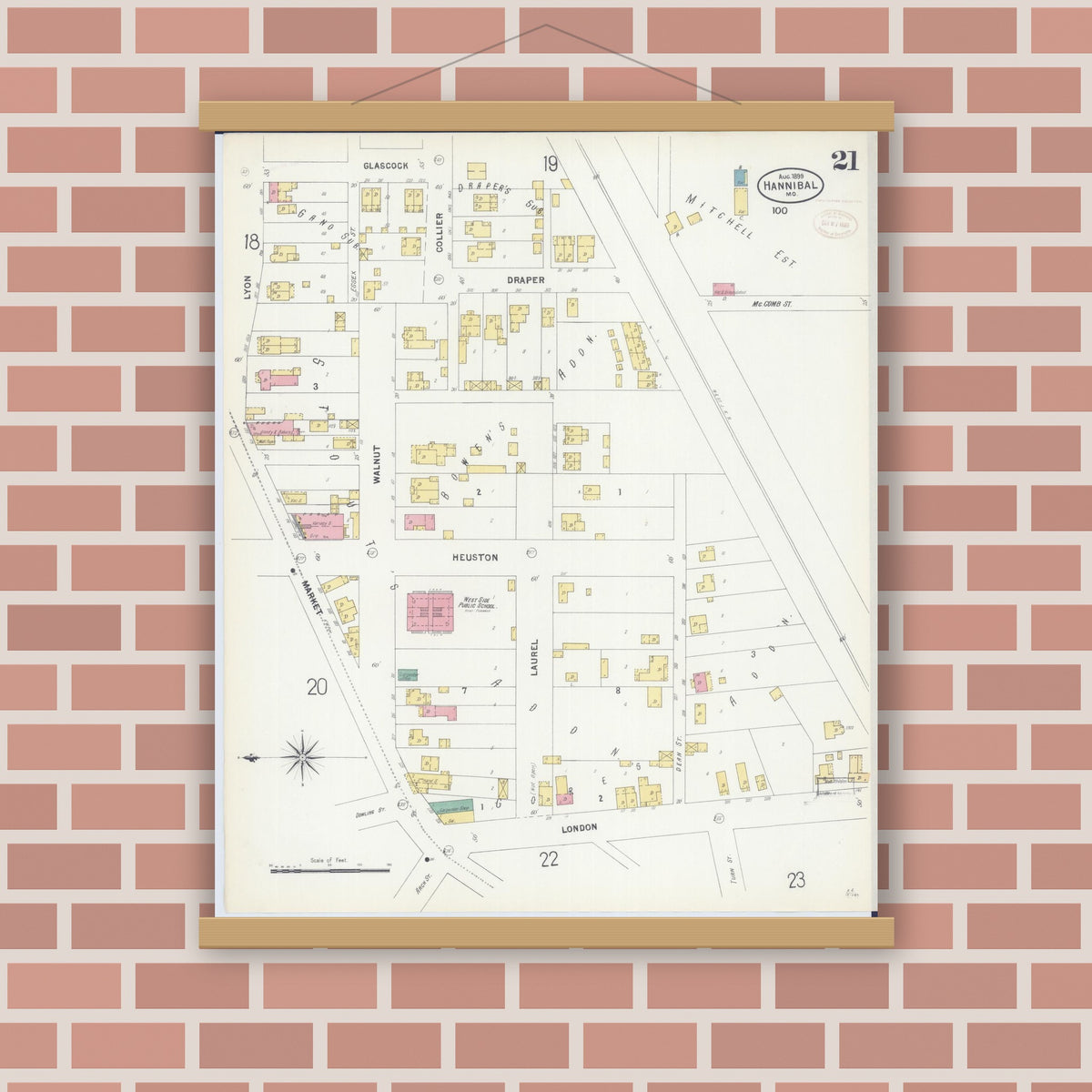 Old map wall art mockup — magnetic wood frame on brick wall — Sanborn Fire Insurance Map from Hannibal, Marion County, Missouri (1899), Sheet #0021