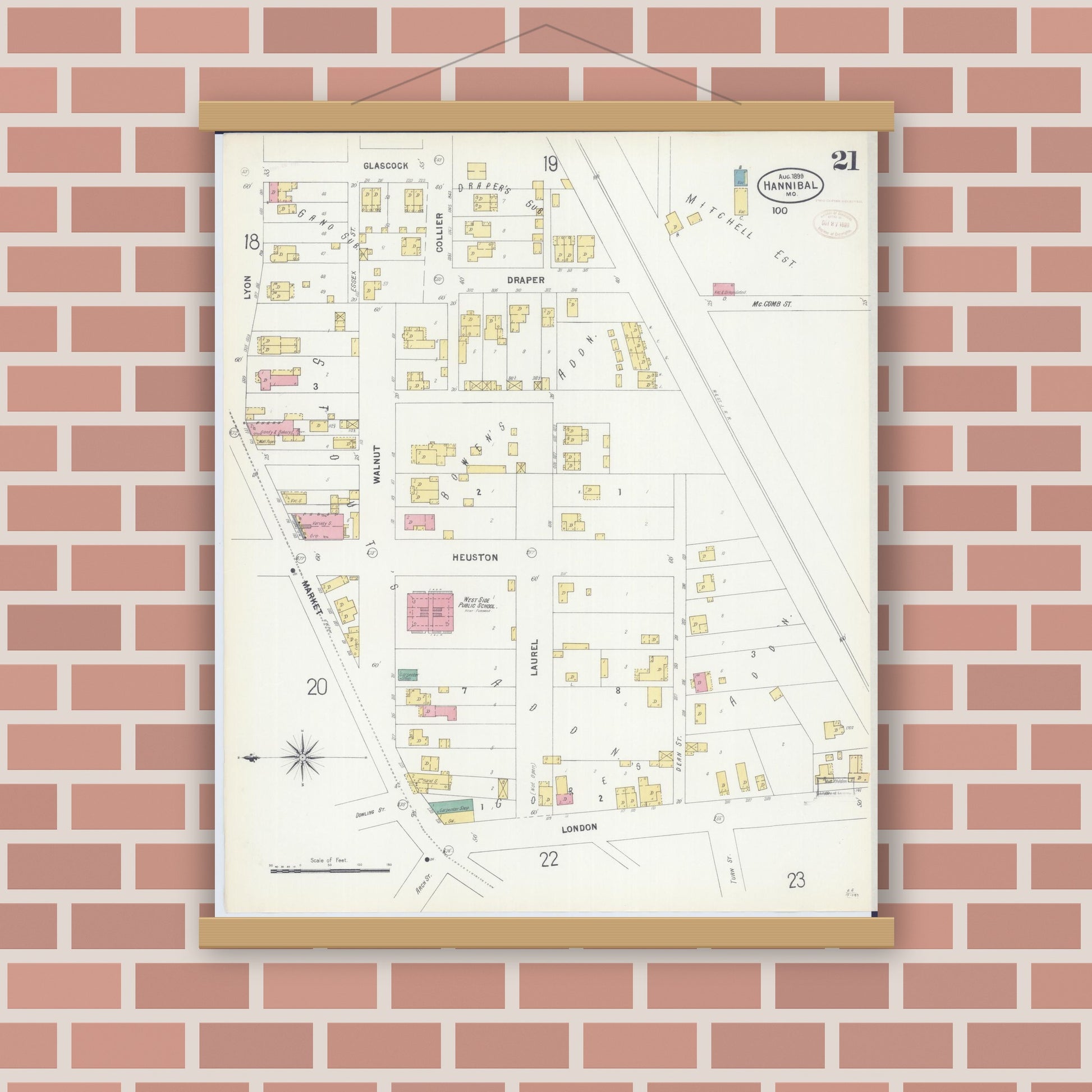 Old map wall art mockup — magnetic wood frame on brick wall — Sanborn Fire Insurance Map from Hannibal, Marion County, Missouri (1899), Sheet #0021