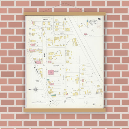 Old map wall art mockup — magnetic wood frame on brick wall — Sanborn Fire Insurance Map from Hannibal, Marion County, Missouri (1899), Sheet #0021