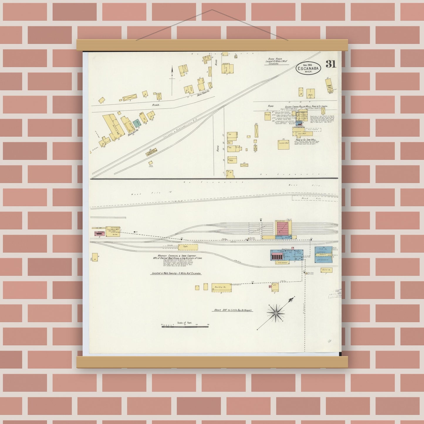Old map wall art mockup — magnetic wood frame on brick wall — Sanborn Fire Insurance Map from Escanaba, Delta County, Michigan (1906), Sheet #0031