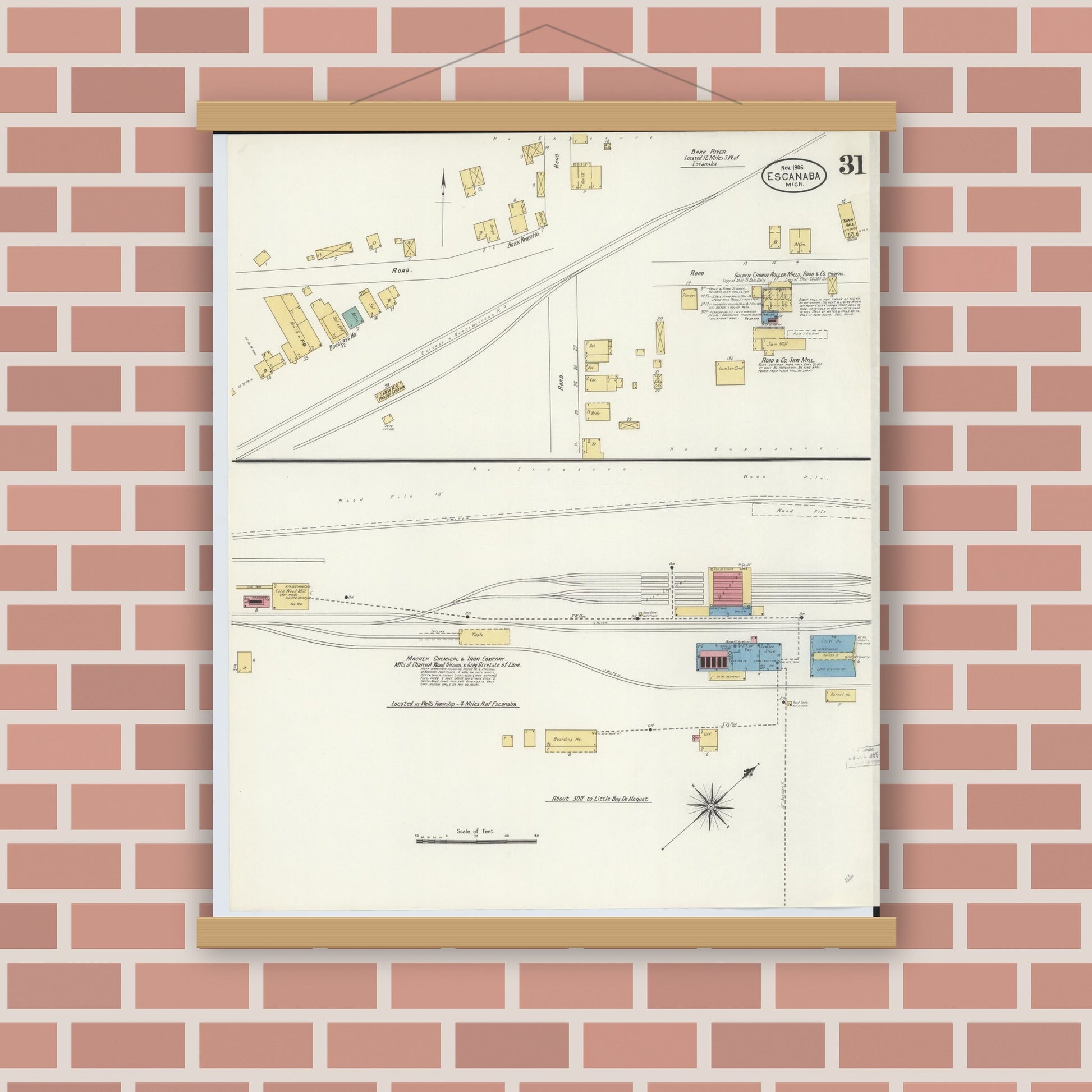 Old map wall art mockup — magnetic wood frame on brick wall — Sanborn Fire Insurance Map from Escanaba, Delta County, Michigan (1906), Sheet #0031