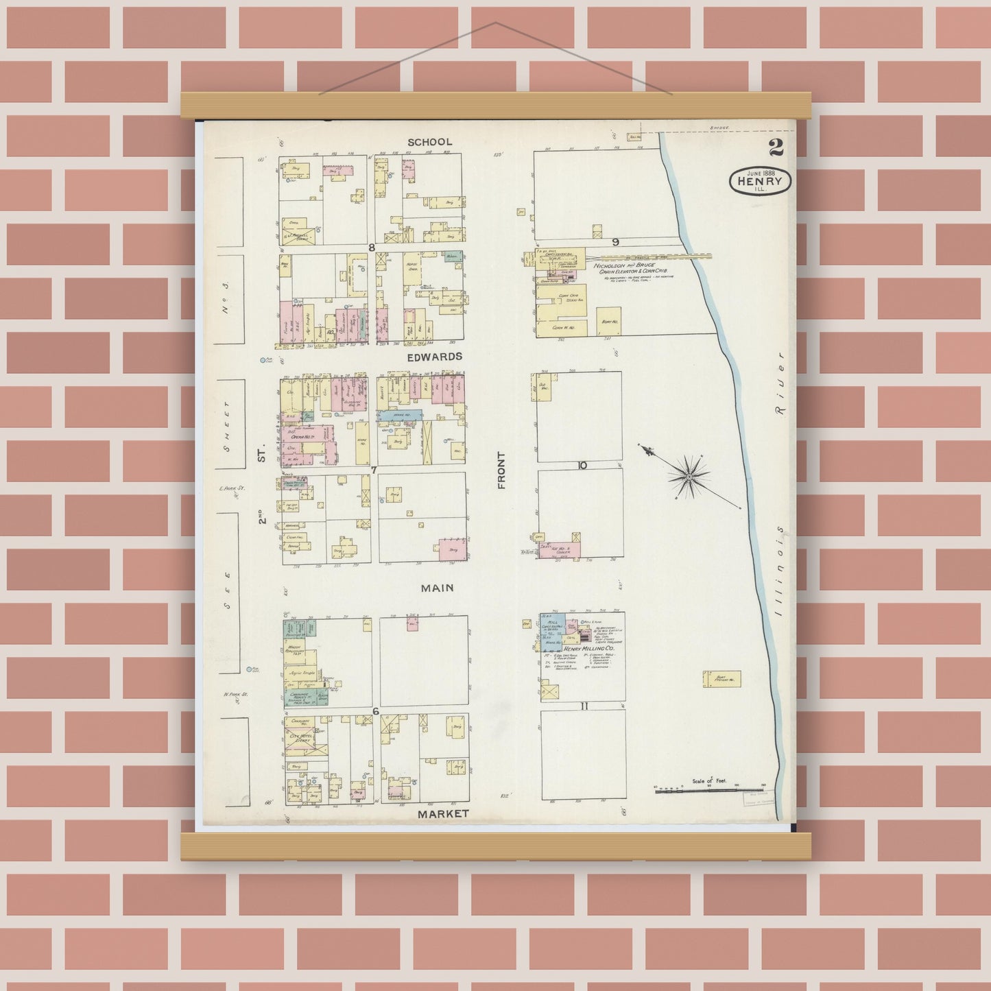 Old map wall art mockup — magnetic wood frame on brick wall — Sanborn Fire Insurance Map from Henry, Marshall County, Illinois (1888), Sheet #0002