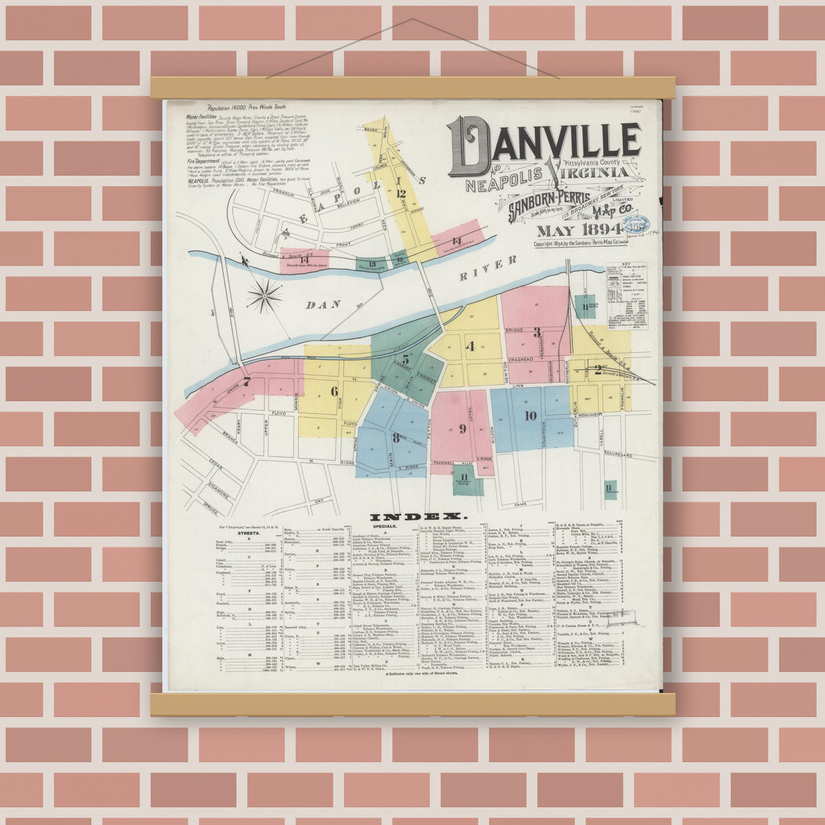 Old map wall art mockup — magnetic wood frame on brick wall — Sanborn Fire Insurance Map from Danville, Independent Cities, Virginia (1894), Sheet #0001