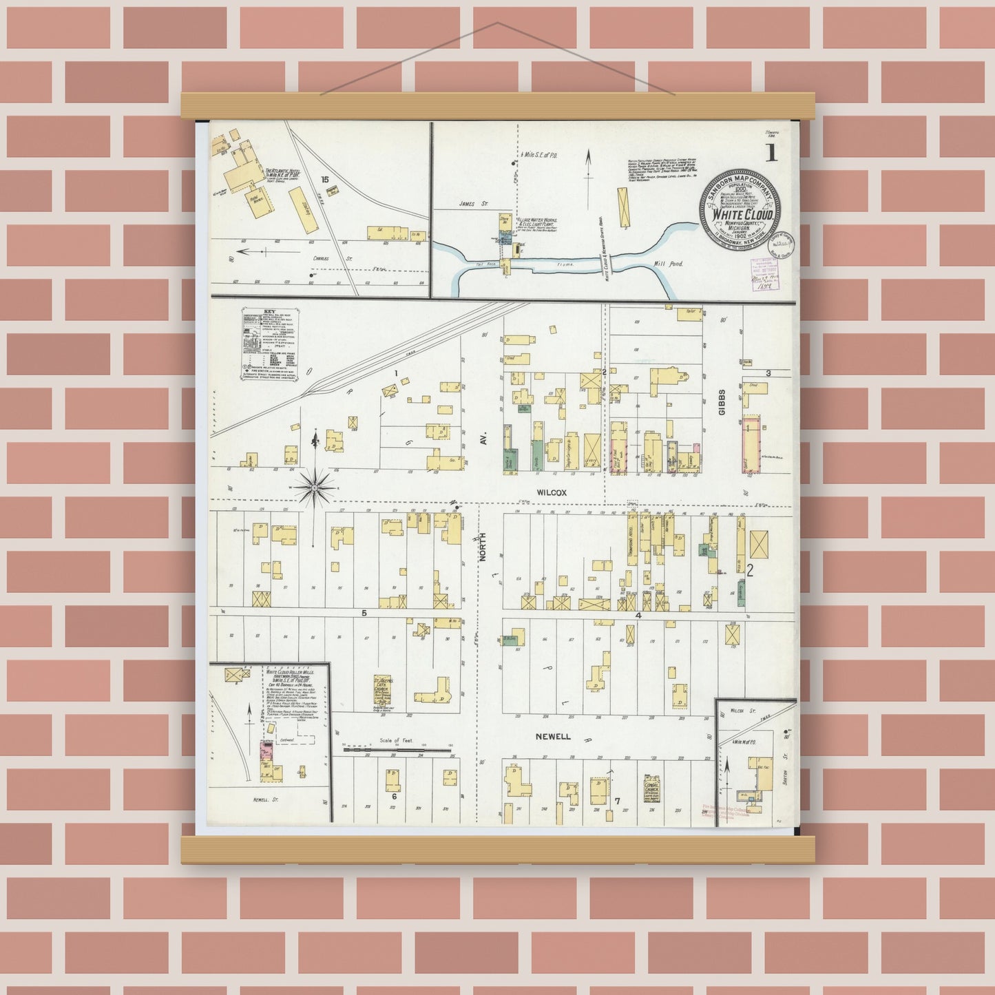 Old map wall art mockup — magnetic wood frame on brick wall — Sanborn Fire Insurance Map from White Cloud, Newaygo County, Michigan (1902), Sheet #0001