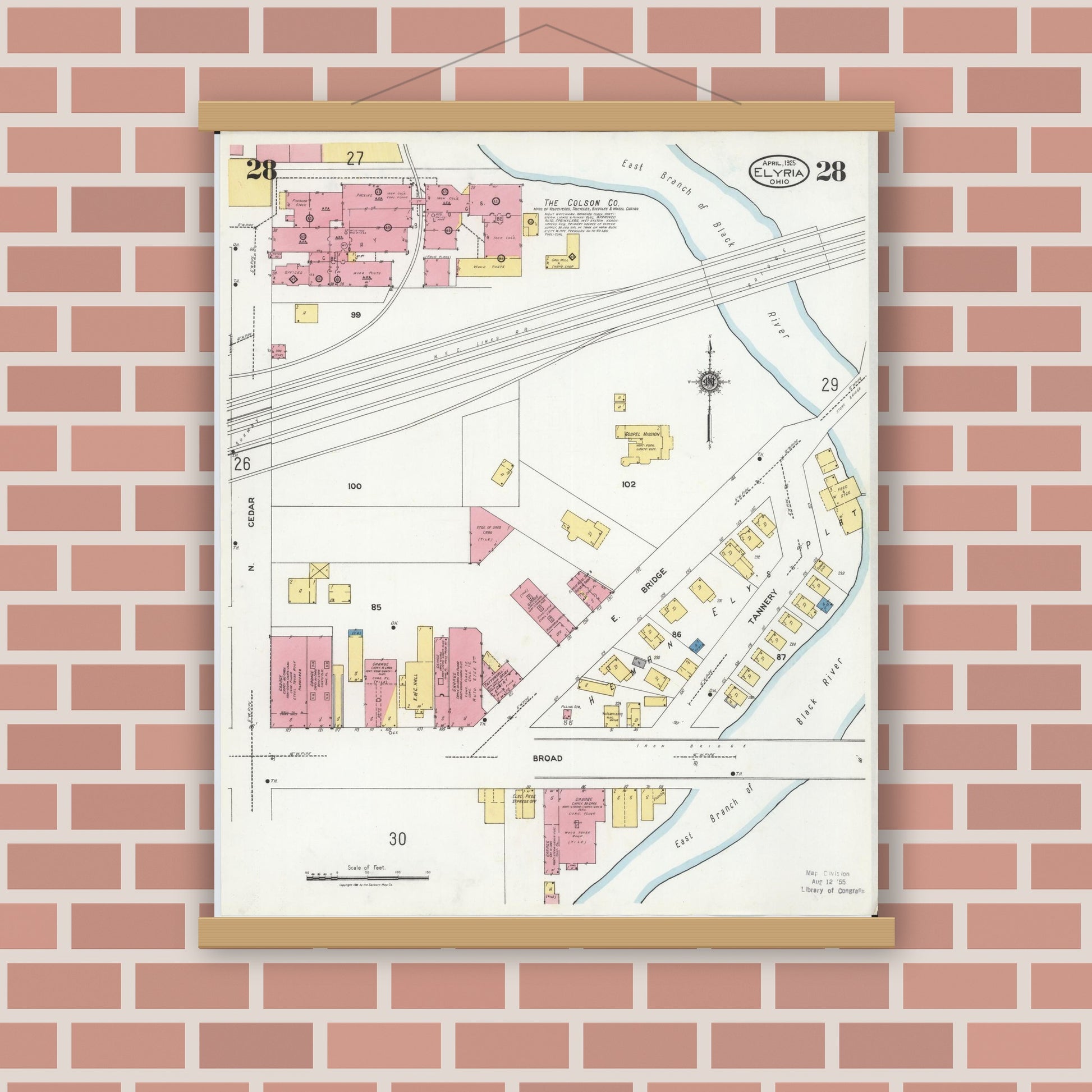 Old map wall art mockup — magnetic wood frame on brick wall — Sanborn Fire Insurance Map from Elyria, Lorain County, Ohio (1925), Sheet #0028