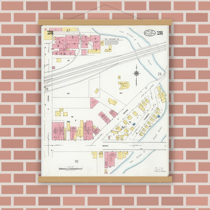 Old map wall art mockup — magnetic wood frame on brick wall — Sanborn Fire Insurance Map from Elyria, Lorain County, Ohio (1925), Sheet #0028