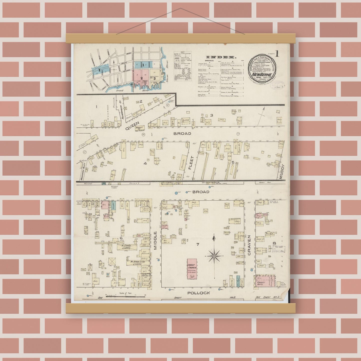 Old map wall art mockup — magnetic wood frame on brick wall — Sanborn Fire Insurance Map from New Bern, Craven County, North Carolina (1885) - Complete Map Set