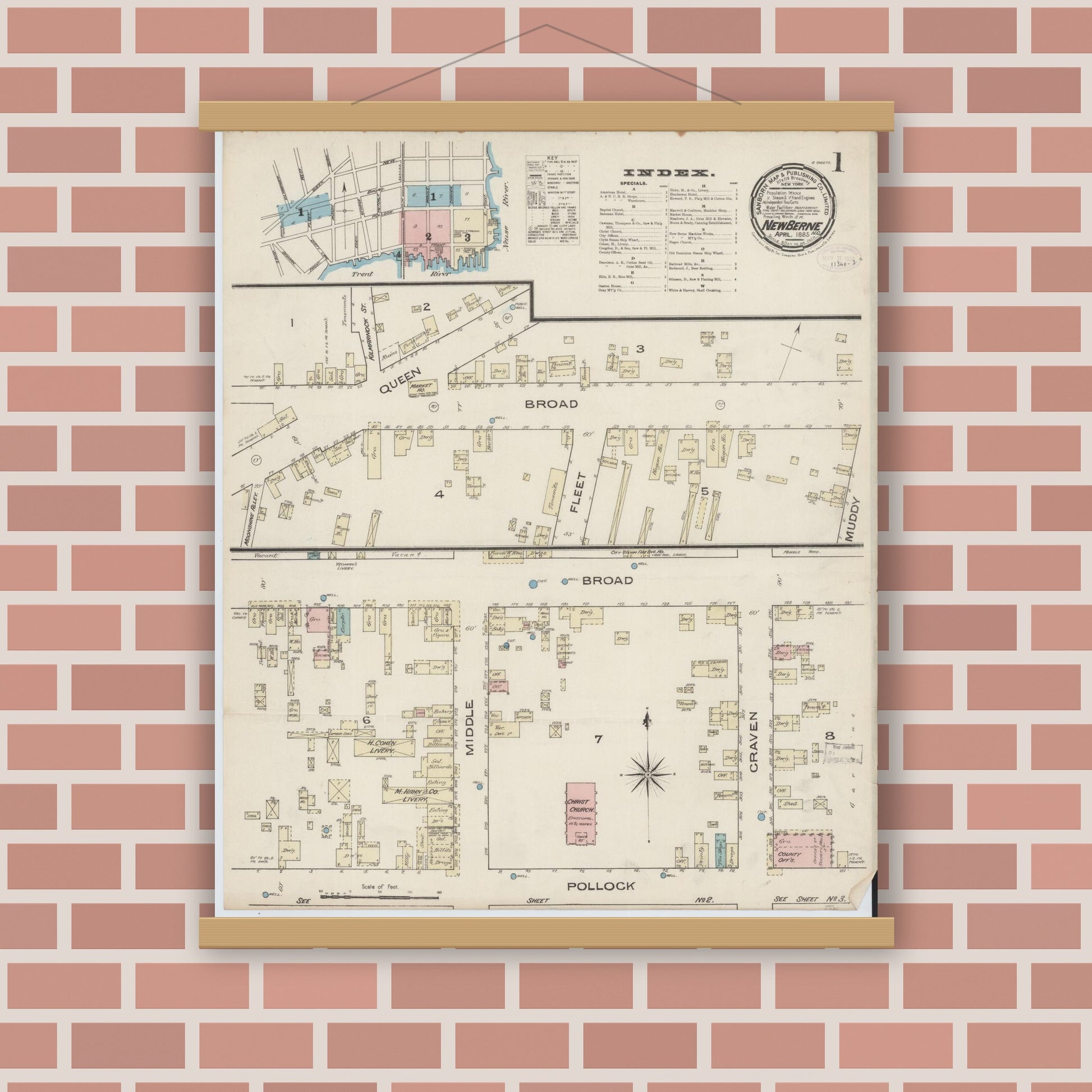 Old map wall art mockup — magnetic wood frame on brick wall — Sanborn Fire Insurance Map from New Bern, Craven County, North Carolina (1885) - Complete Map Set