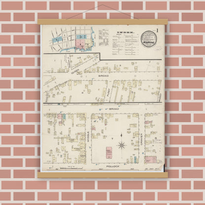 Old map wall art mockup — magnetic wood frame on brick wall — Sanborn Fire Insurance Map from New Bern, Craven County, North Carolina (1885) - Complete Map Set