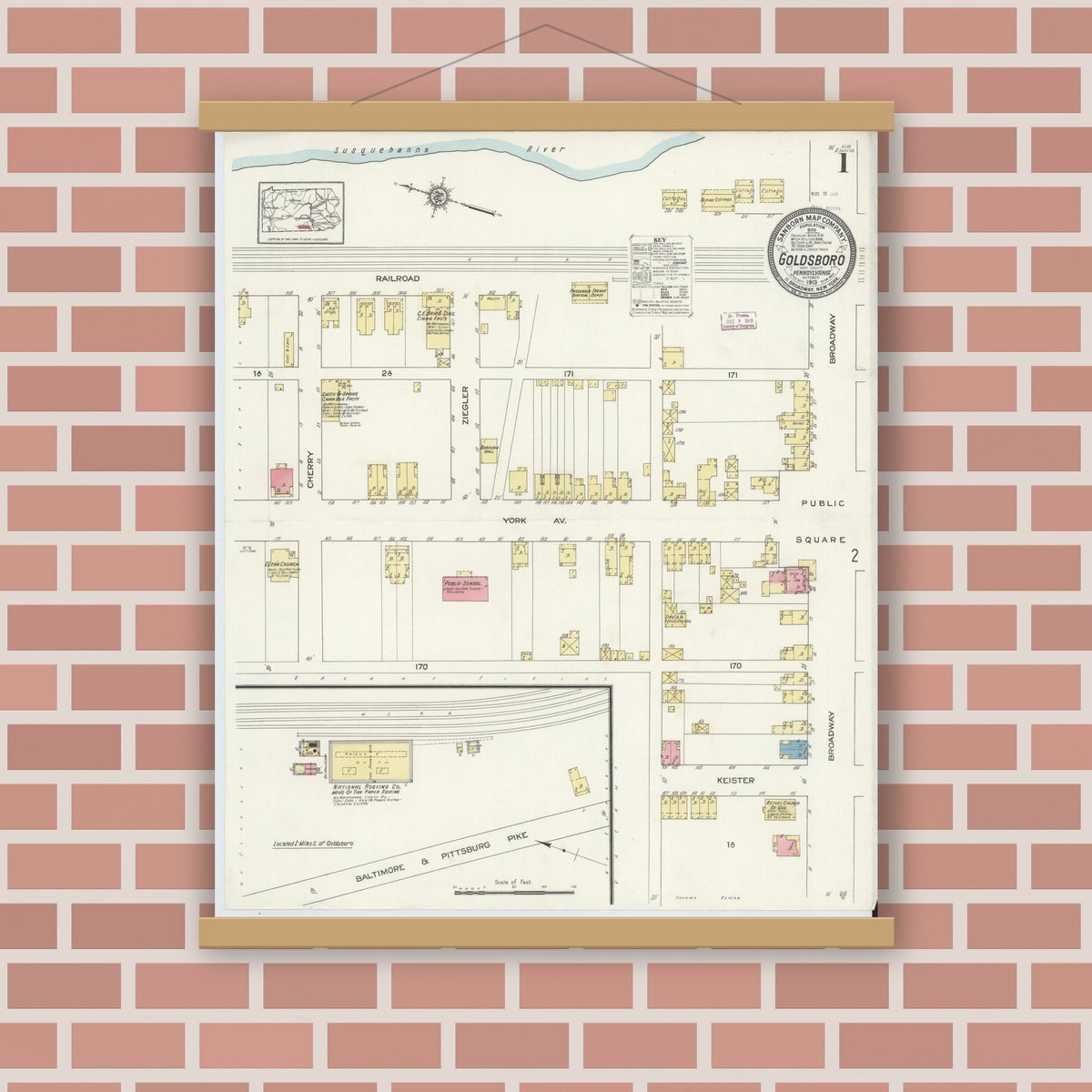 Old map wall art mockup — magnetic wood frame on brick wall — Sanborn Fire Insurance Map from Goldsboro, York County, Pennsylvania (1913), Sheet #0001