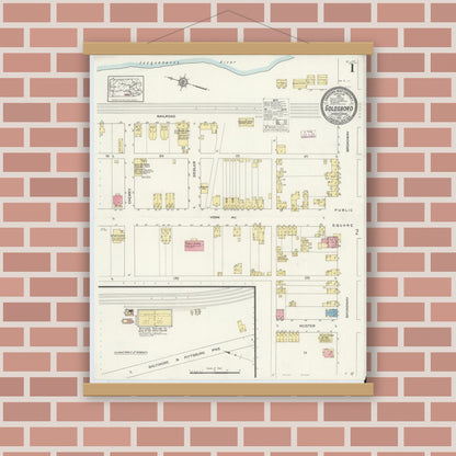 Old map wall art mockup — magnetic wood frame on brick wall — Sanborn Fire Insurance Map from Goldsboro, York County, Pennsylvania (1913), Sheet #0001