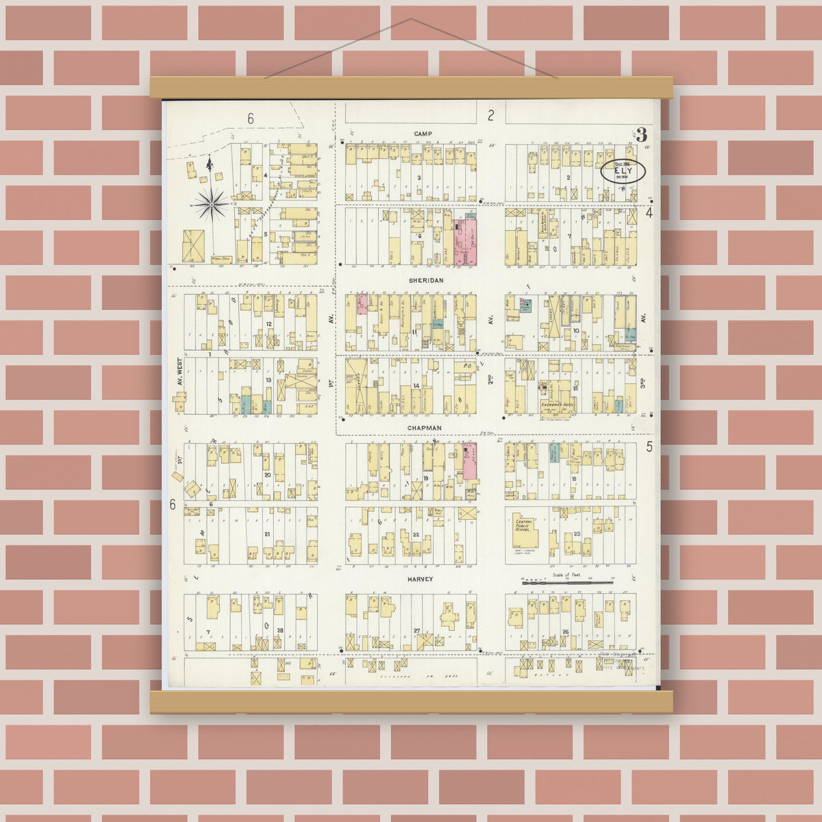 Old map wall art mockup — magnetic wood frame on brick wall — Sanborn Fire Insurance Map from Ely, Saint Louis County, Minnesota (1906), Sheet #0003