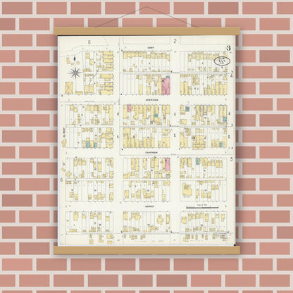 Old map wall art mockup — magnetic wood frame on brick wall — Sanborn Fire Insurance Map from Ely, Saint Louis County, Minnesota (1906), Sheet #0003