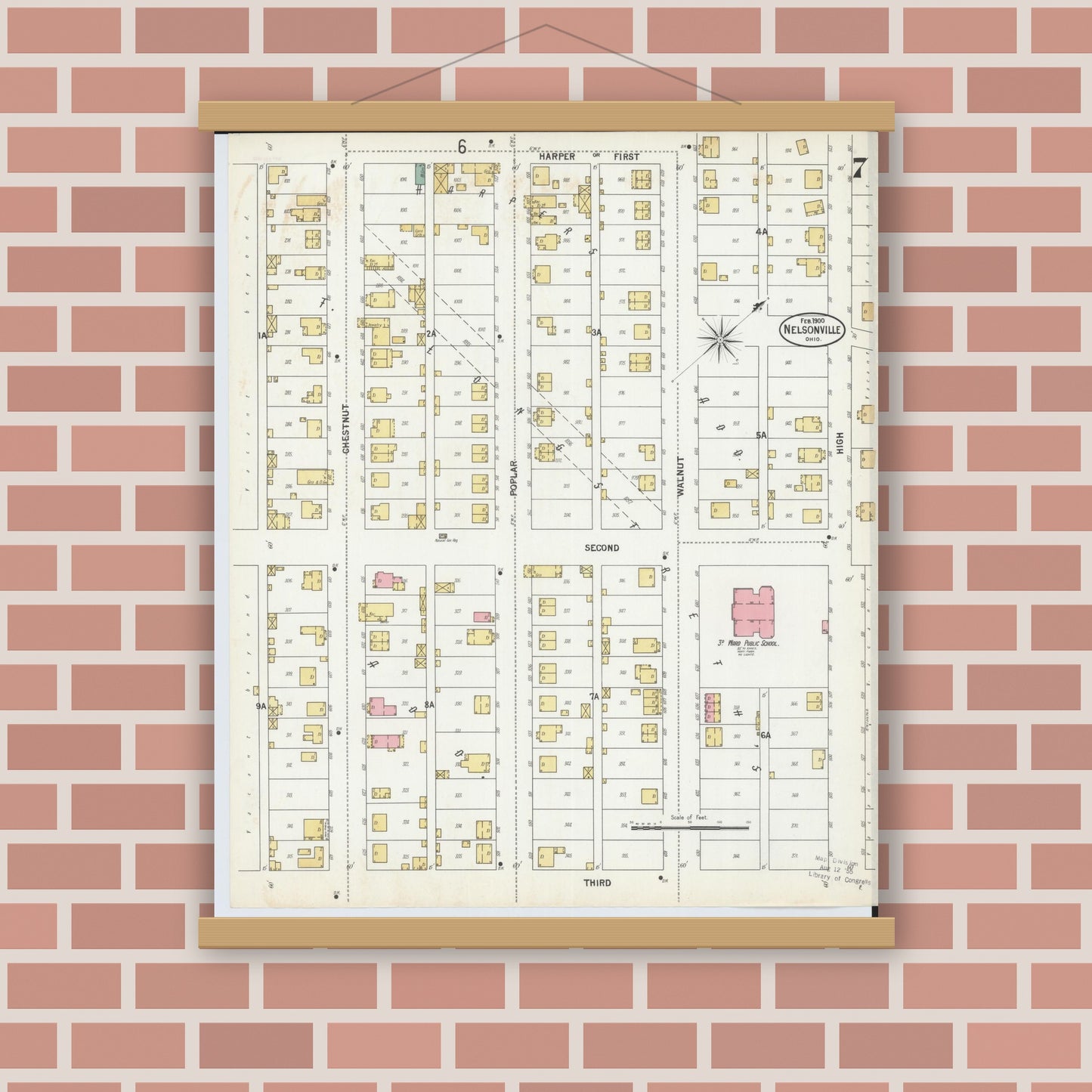 Old map wall art mockup — magnetic wood frame on brick wall — Sanborn Fire Insurance Map from Nelsonville, Athens County, Ohio (1900), Sheet #0007