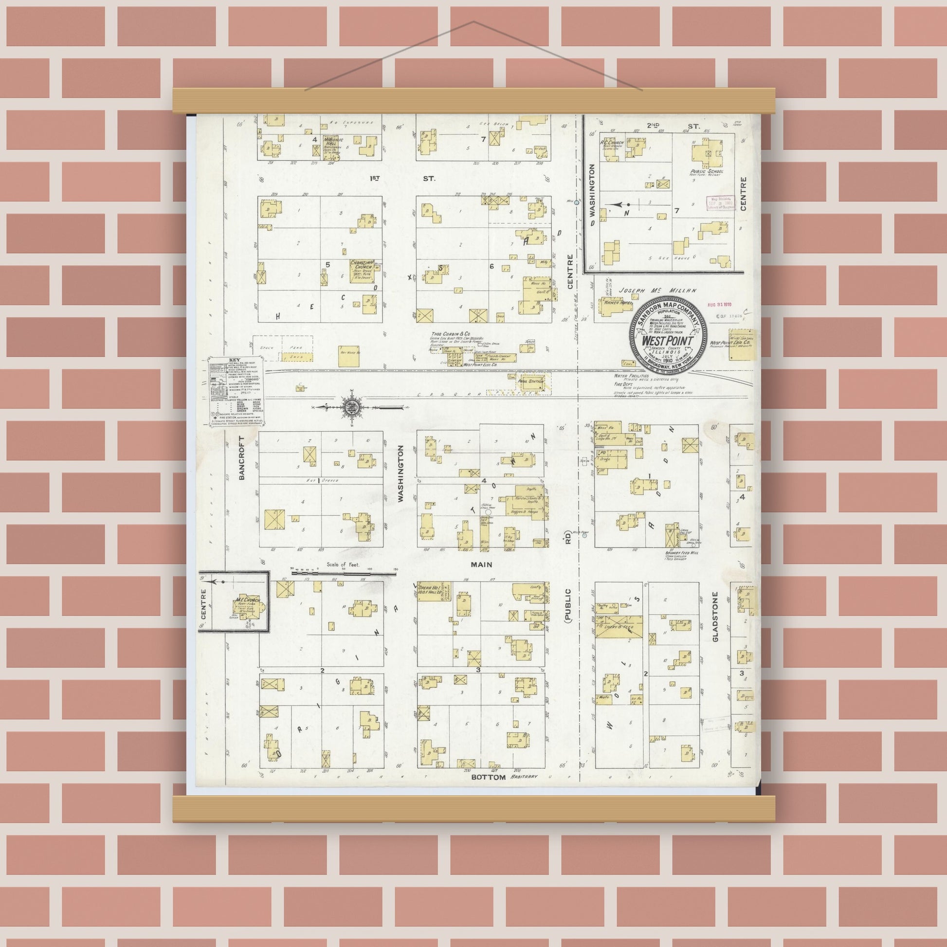 Old map wall art mockup — magnetic wood frame on brick wall — Sanborn Fire Insurance Map from West Point, Hancock County, Illinois (1910), Sheet #0001