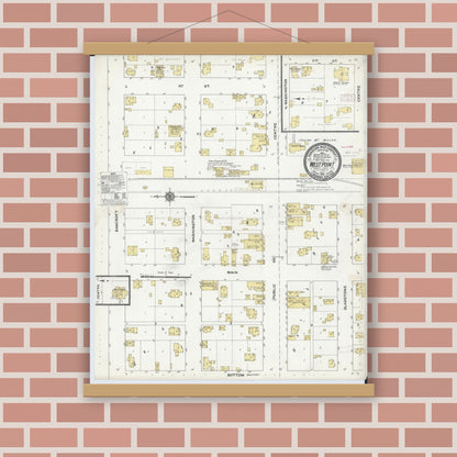Old map wall art mockup — magnetic wood frame on brick wall — Sanborn Fire Insurance Map from West Point, Hancock County, Illinois (1910), Sheet #0001