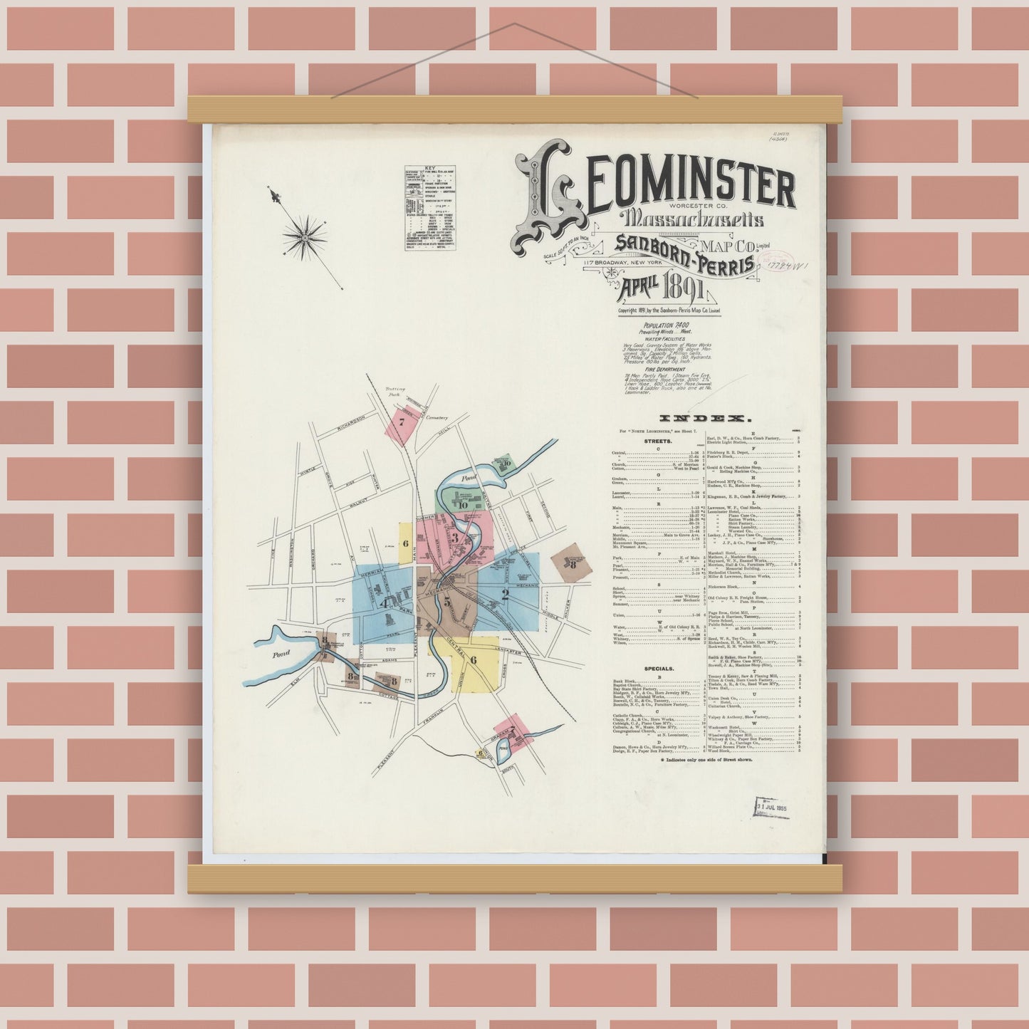 Old map wall art mockup — magnetic wood frame on brick wall — Sanborn Fire Insurance Map from Leominster, Worcester County, Massachusetts (1891) - Complete Map Set