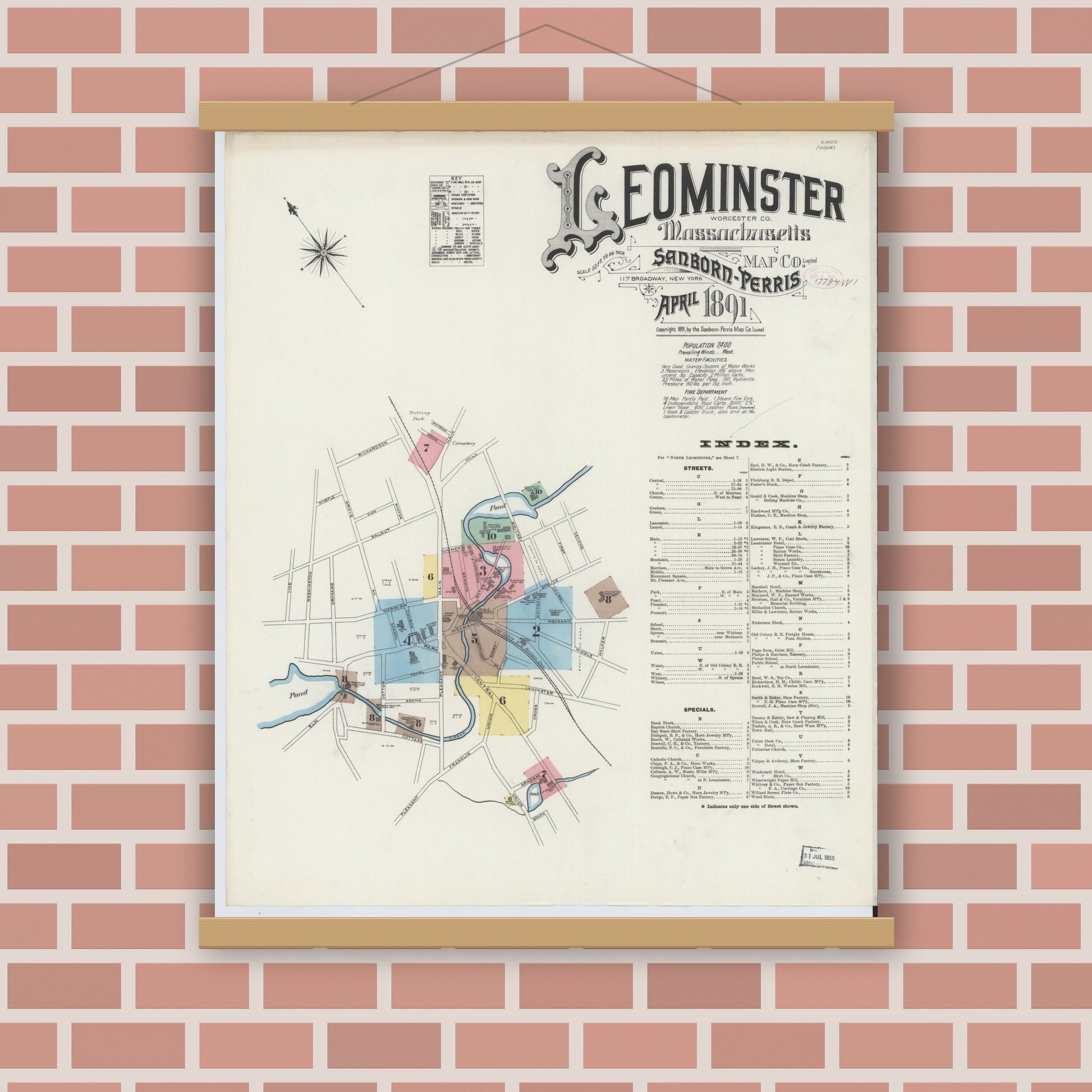 Old map wall art mockup — magnetic wood frame on brick wall — Sanborn Fire Insurance Map from Leominster, Worcester County, Massachusetts (1891) - Complete Map Set