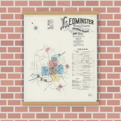 Old map wall art mockup — magnetic wood frame on brick wall — Sanborn Fire Insurance Map from Leominster, Worcester County, Massachusetts (1891) - Complete Map Set