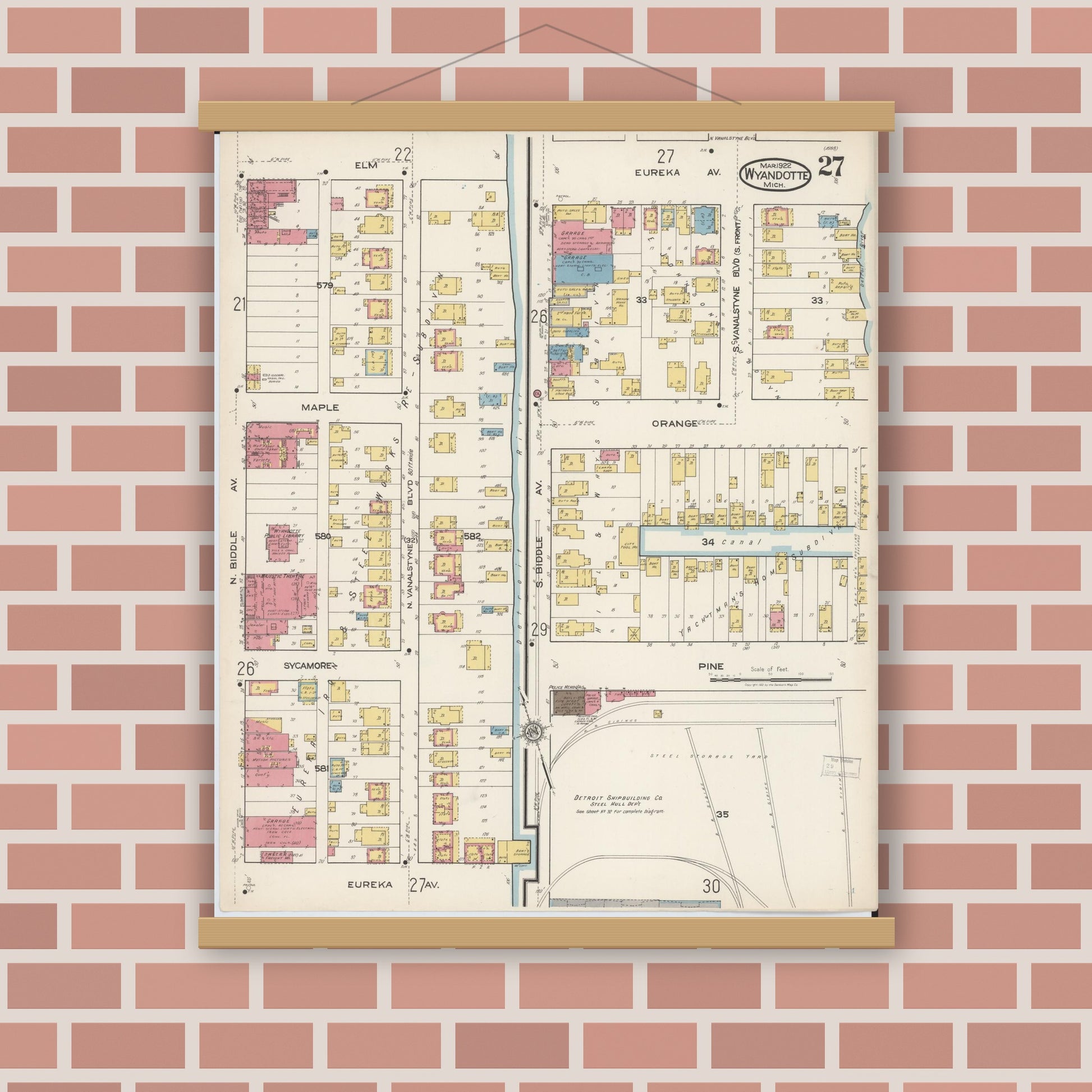 Old map wall art mockup — magnetic wood frame on brick wall — Sanborn Fire Insurance Map from Wyandotte, Wayne County, Michigan (1922), Sheet #0027