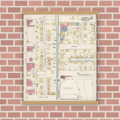 Old map wall art mockup — magnetic wood frame on brick wall — Sanborn Fire Insurance Map from Wyandotte, Wayne County, Michigan (1922), Sheet #0027