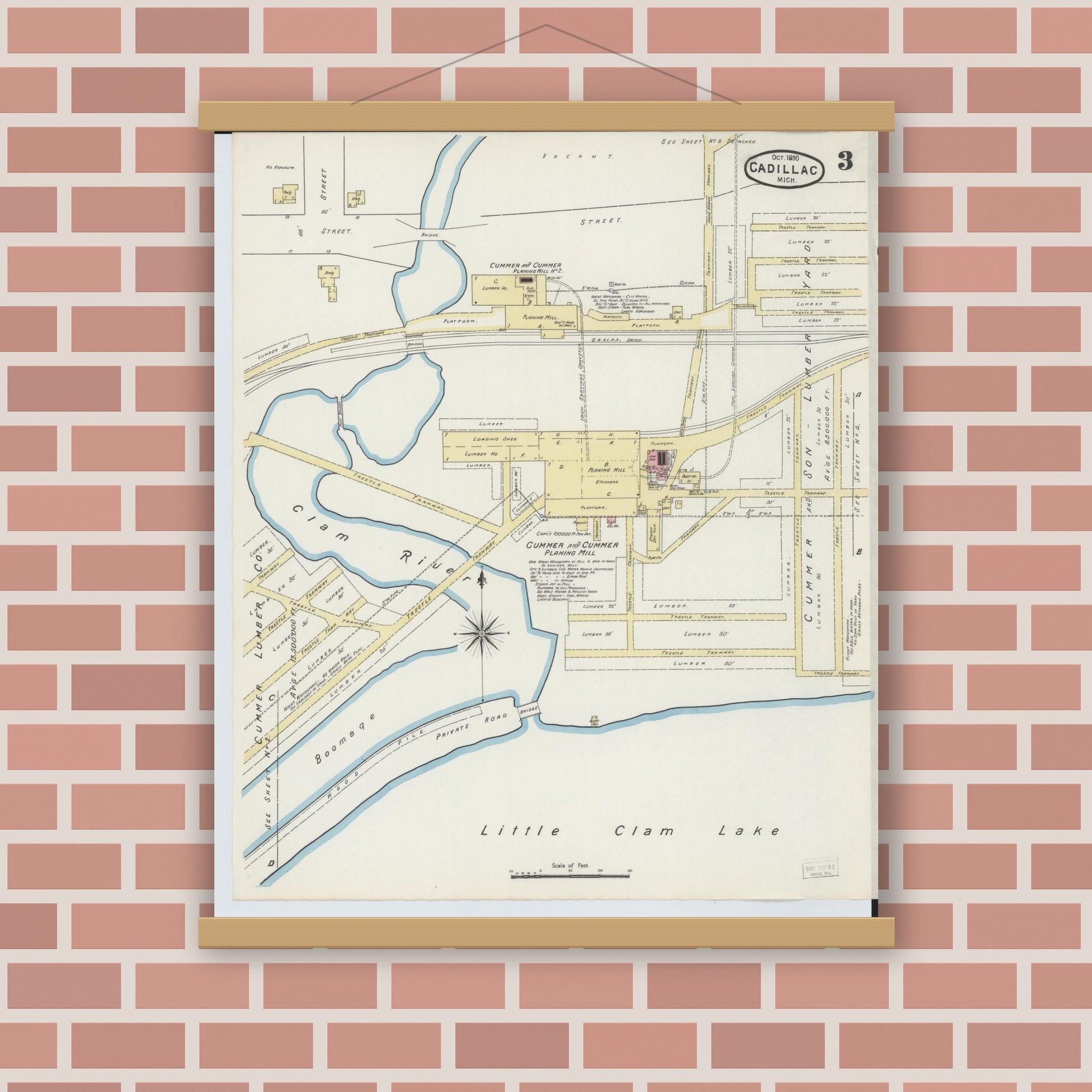 Old map wall art mockup — magnetic wood frame on brick wall — Sanborn Fire Insurance Map from Cadillac, Wexford County, Michigan (1890), Sheet #0003
