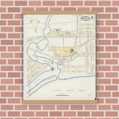 Old map wall art mockup — magnetic wood frame on brick wall — Sanborn Fire Insurance Map from Cadillac, Wexford County, Michigan (1890), Sheet #0003