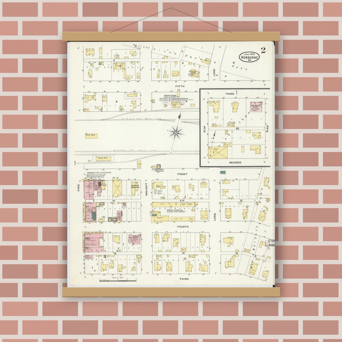 Old map wall art mockup — magnetic wood frame on brick wall — Sanborn Fire Insurance Map from Norborne, Carroll County, Missouri (1909), Sheet #0002