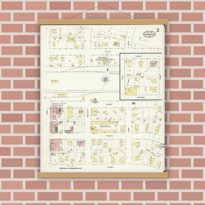 Old map wall art mockup — magnetic wood frame on brick wall — Sanborn Fire Insurance Map from Norborne, Carroll County, Missouri (1909), Sheet #0002