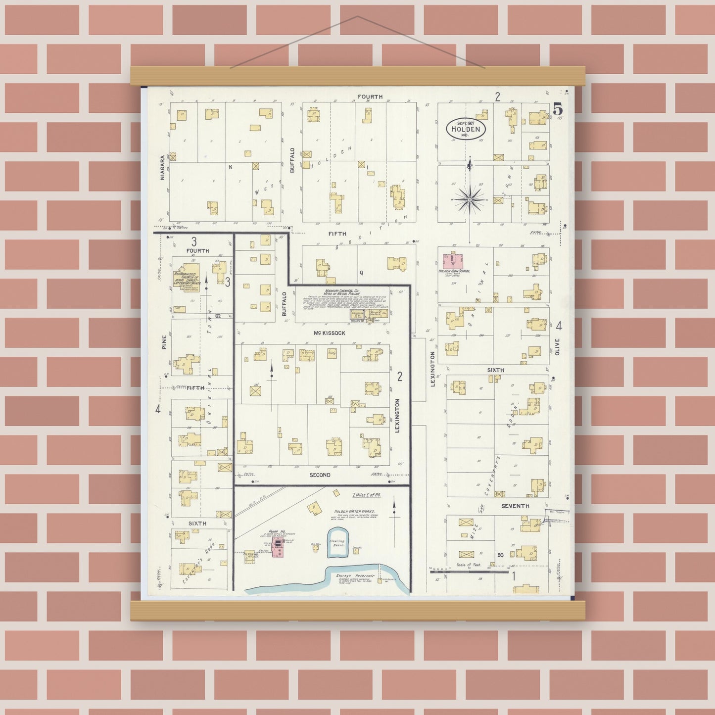 Old map wall art mockup — magnetic wood frame on brick wall — Sanborn Fire Insurance Map from Holden, Johnson County, Missouri (1907), Sheet #0005