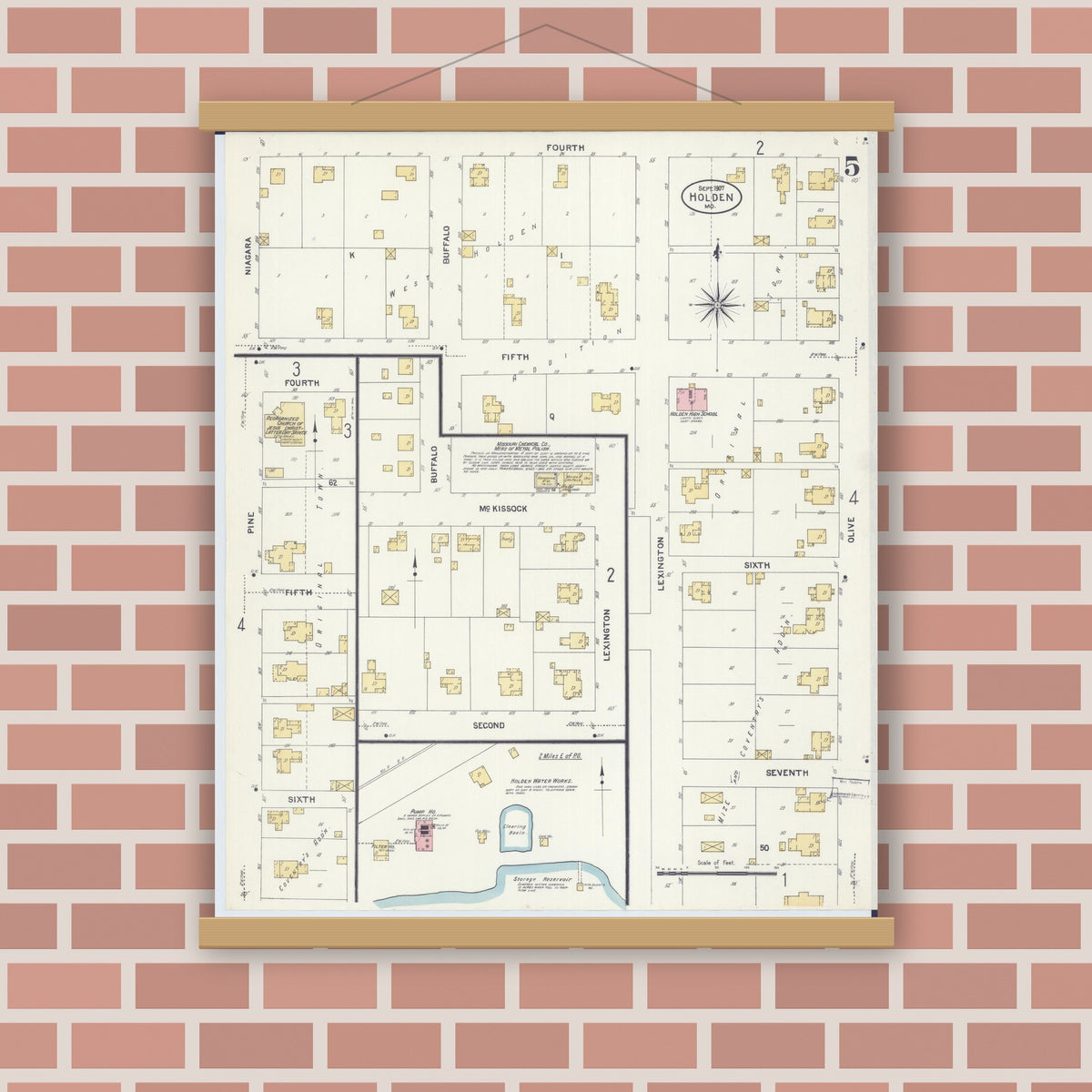 Old map wall art mockup — magnetic wood frame on brick wall — Sanborn Fire Insurance Map from Holden, Johnson County, Missouri (1907), Sheet #0005