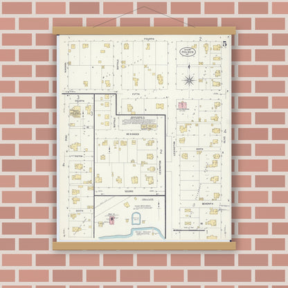 Old map wall art mockup — magnetic wood frame on brick wall — Sanborn Fire Insurance Map from Holden, Johnson County, Missouri (1907), Sheet #0005