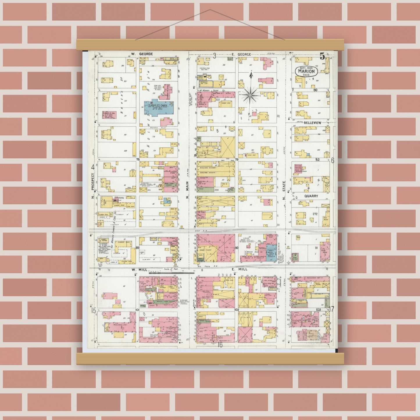 Old map wall art mockup — magnetic wood frame on brick wall — Sanborn Fire Insurance Map from Marion, Marion County, Ohio (1900), Sheet #0005